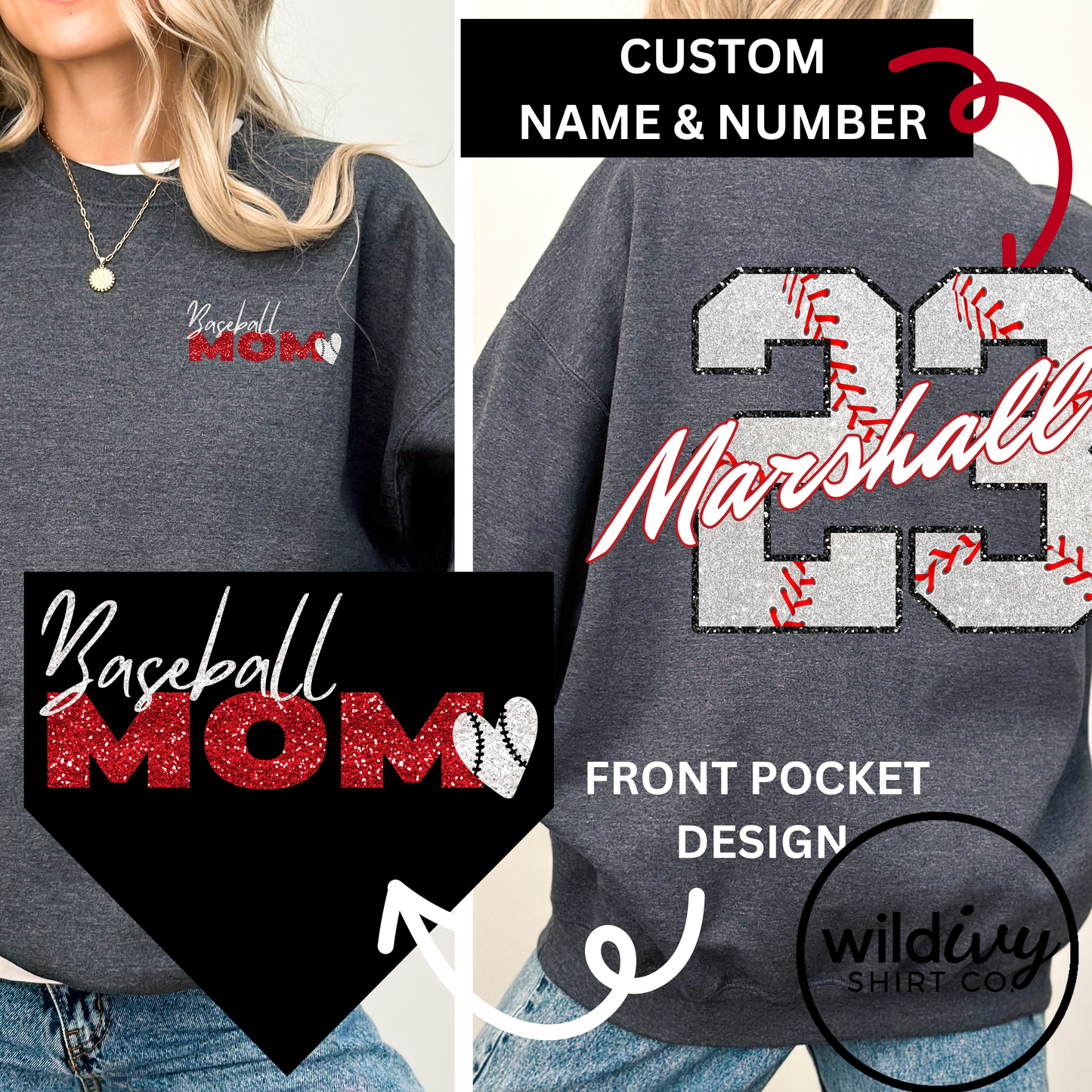 CUSTOM Faux Glitter Baseball Mom CHOOSE YOUR NAME AND NUMBER